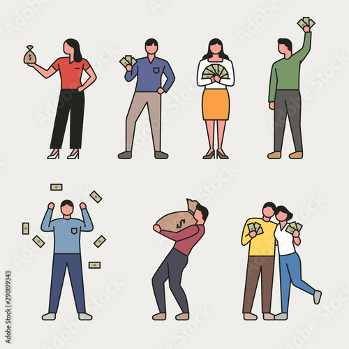 People holding a bunch of money. flat design style minimal vector illustration.