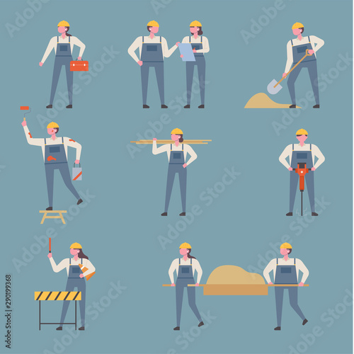 Set of many people characters working at the construction site. flat design style minimal vector illustration.