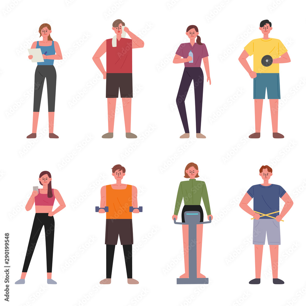 People working out in the gym. flat design style minimal vector illustration.