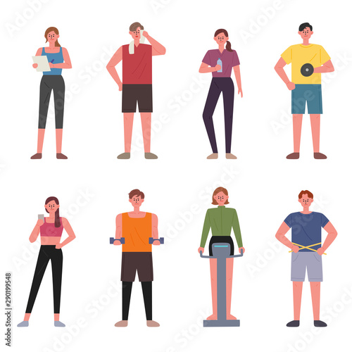 People working out in the gym. flat design style minimal vector illustration.