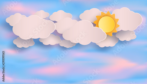 vector of the clouds and the blue sky. and with light from the sun in the evening. and a design style origami or paper cut. and is used as an illustration or background.