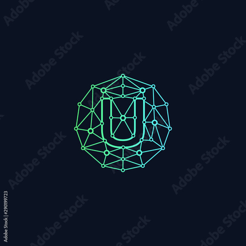 Letter U network Logo design. Technology digital abstract dot connection cross logo icon. Circle with connected lines for brand of smart contract block symbol. - Vector