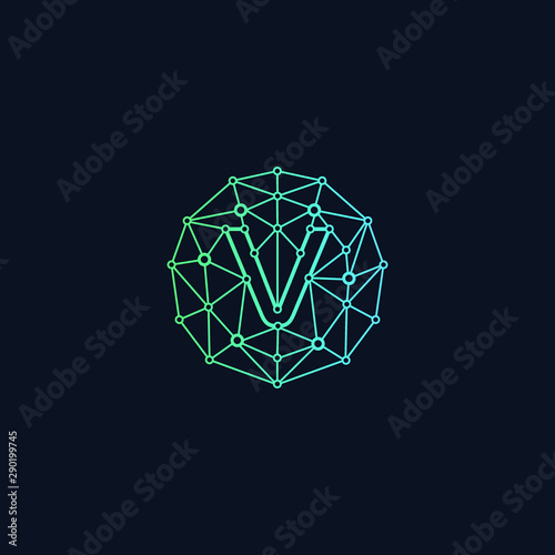 Letter V network Logo design. Technology digital abstract dot connection cross logo icon. Circle with connected lines for brand of smart contract block symbol. - Vector