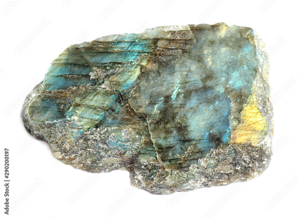 Beautiful shiny labradorite gemstone on white background Beautiful shiny labradorite gemstone on white background
