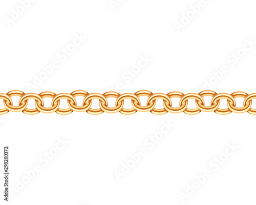 Golden chain seamless texture. Realistic gold chains link isolated on white background. Jewelry chainlet three dimensional design element.