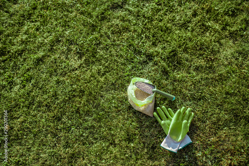Εκτύπωση καμβά Fertilizer for grass growth in granules with gloves and scoop on the grass