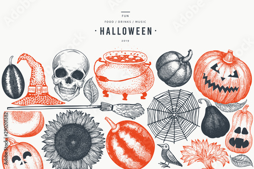 Halloween banner template. Vector hand drawn illustrations. Design with pumpkins, scull, cauldron and sunflower retro style. Autumn background.