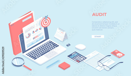 Auditing, analysis, accounting, calculation, analytics. Documents with charts graphs on the laptop screen, folder, magnifying glass, calculator, calendar, target. Isometric 3d vector background