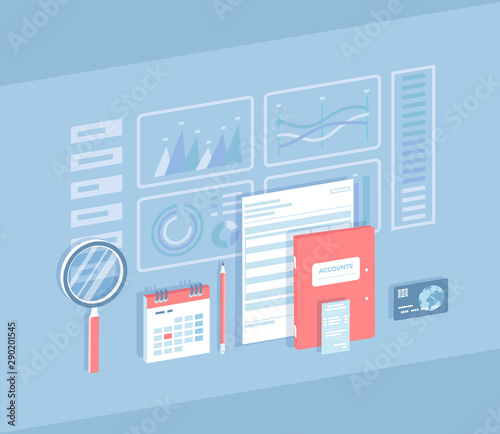 Financial analysis, analytics, reporting, audit, accounting. Business results. Graphs and charts, documents, invoices, receipt, calendar, calculator, credit card, magnifying glass. Vector illustration