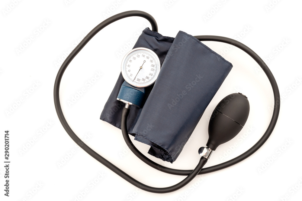 Cardiologist exam and hypertension conceptual idea with blood pressure monitor device or sphygmomanometer used to measure cardiovascular pressure isolated on white background with clipping path cutout Cardiologist exam and hypertension conceptual idea with blood pressure monitor device or sphygmomanometer used to measure cardiovascular pressure isolated on white background with clipping path cutout