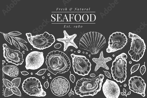 Oysters and spices design template. Hand drawn vector illustration on chalk board. Seafood banner. Can be used for design menu, packaging, recipes, label, fish market, seafood products.