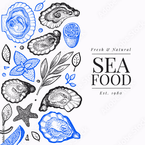 Oysters and spices design template. Hand drawn vector illustration. Seafood banner. Can be used for design menu, packaging, recipes, label, fish market, seafood products.