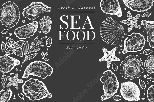 Oysters and spices design template. Hand drawn vector illustration on chalk board. Seafood banner. Can be used for design menu, packaging, recipes, label, fish market, seafood products.