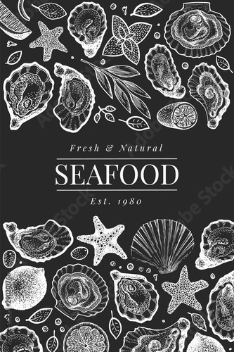 Oysters and spices design template. Hand drawn vector illustration on chalk board. Seafood banner. Can be used for design menu, packaging, recipes, label, fish market, seafood products.