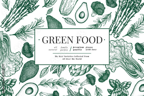 Green vegetables design template. Hand drawn vector food illustration. Engraved style vegetable frame. Retro botanical banner.