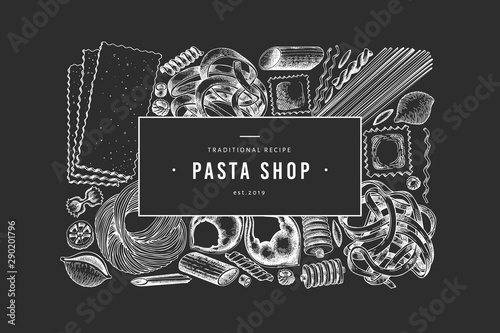 Italian pasta design template. Hand drawn vector food illustration on chalk board. Engraved style. Vintage pasta different kinds background.