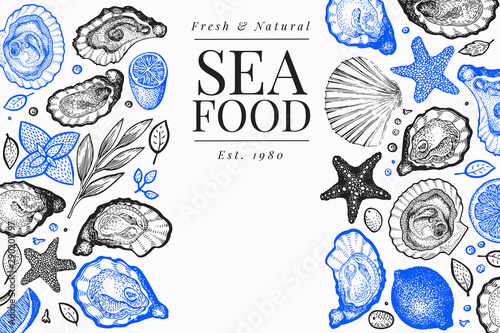 Oysters and spices design template. Hand drawn vector illustration. Seafood banner. Can be used for design menu, packaging, recipes, label, fish market, seafood products.