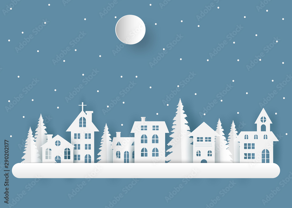 winter landscape with houses and moon.Clouds and Moon on sky vector illustration.