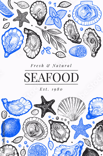 Oysters and spices design template. Hand drawn vector illustration. Seafood banner. Can be used for design menu, packaging, recipes, label, fish market, seafood products.