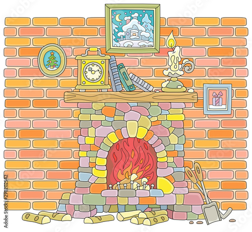 Old stone fireplace with burning firewoods and a mantel clock, books and a burning candle on a wood chimneypiece against a background of a brick wall, vector illustration in a cartoon style