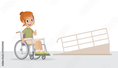 Smiling handicapped woman in wheelchair driving on ramp.