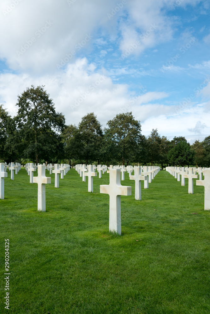 view of headstones in the American Cemetery at Omaha Beach in Normandy