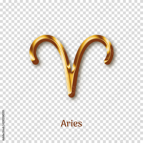 Aries golden zodiac sign on transparent background. Luxury star sign for astrology horoscope prediction. Glossy zodiac symbol. Realistic gold design of horoscope constellation vector illustration