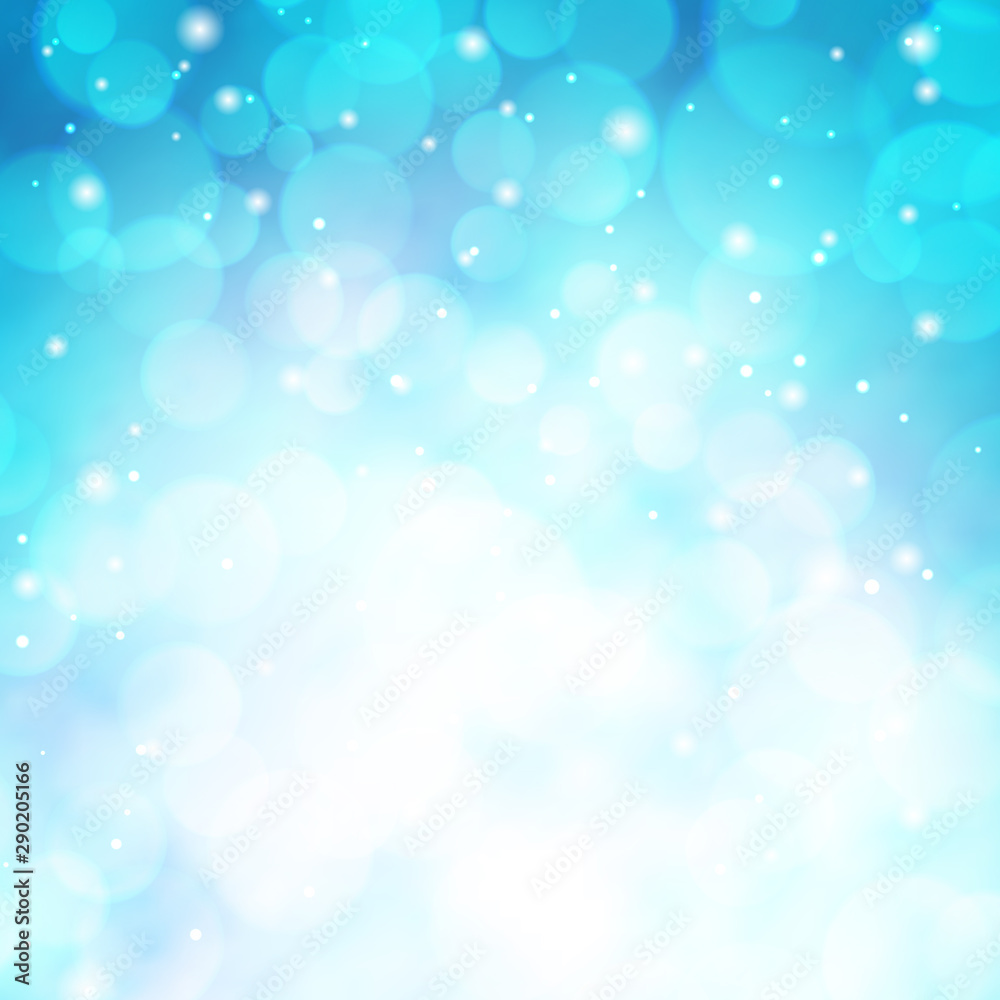 Beautiful blurred blue background with bokeh. Winter sky with snowfall glitter lights backdrop. Merry Xmas and Happy New Year. Abstract defocused wallpaper vector illustration. Festive luminous design