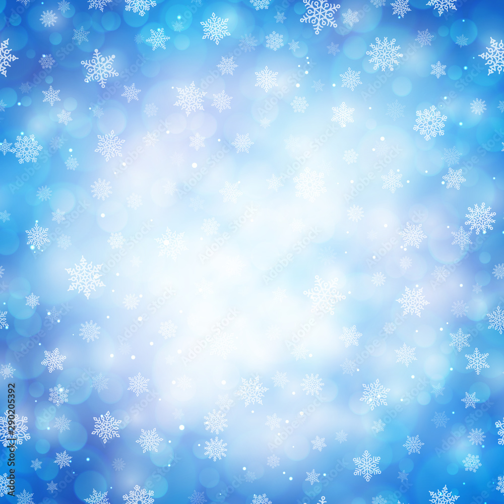 Magic winter glitter background with snowflakes. White snowflakes on light blue blurred backdrop. Template for Happy New Year and Merry Xmas holiday banners decoration vector illustration.