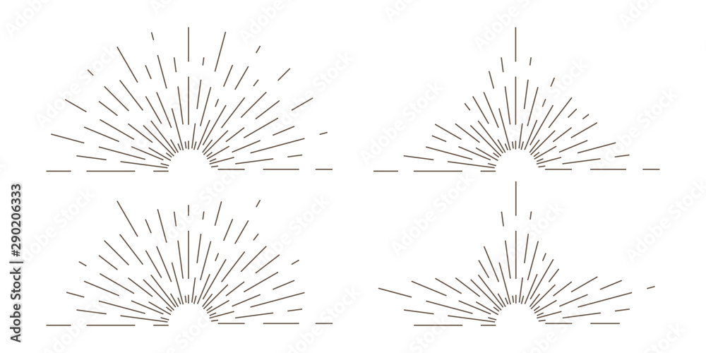 Sunburst thin line vector illustrations set. Different decorative sun rays burst pack. Monochrome fireworks, firecrackers explosion effect. Creative blast, sunshine isolated on white background - obrazy, fototapety, plakaty 