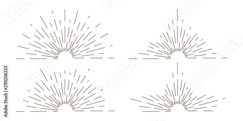 Sunburst thin line vector illustrations set. Different decorative sun rays burst pack. Monochrome fireworks, firecrackers explosion effect. Creative blast, sunshine isolated on white background