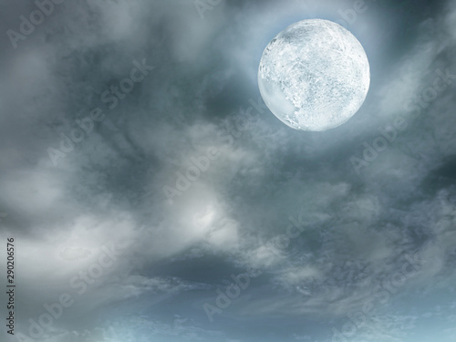 Super full Moon on Night sky with cloudy . Full Moon in Peaceful Serenity nature background, outdoor at nighttime.