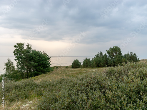 white dune sand, scanty plants, sand textures, beautiful blue skieslandscape with sand dune shore, Curonian Spit, Nida ,Lithuania.  Baltic dunes, UNESCO heritage photo