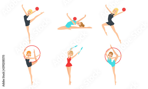 Colection of Gymnast Women Performing Rhythmic Gymnastics Elements with Ball, Ribbon and Clubs Vector Illustration