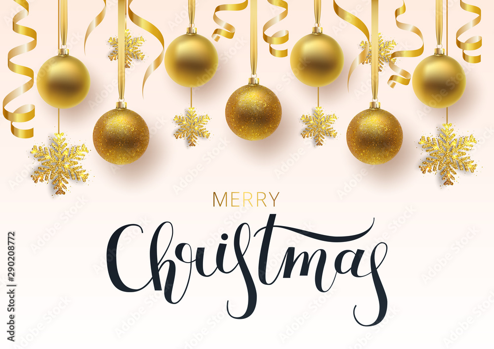 Greeting card, invitation with happy New year 2020 and Christmas. Metallic gold and snowflake Christmas balls, decoration, shiny confetti on a white background. Vector Illustration Greeting card, invitation with happy New year 2020 and Christmas. Metallic gold and snowflake Christmas balls, decoration, shiny confetti on a white background. Vector Illustration
