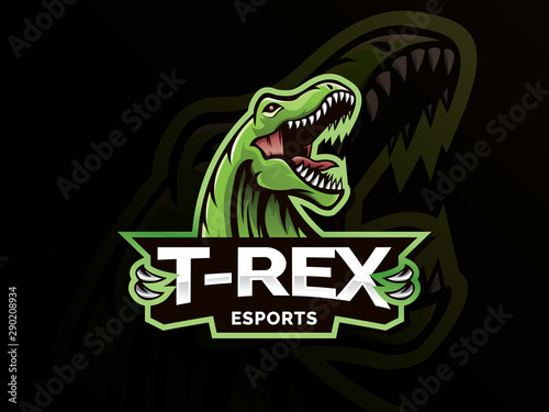 Dinosaur sport mascot logo design illustration. T-Rex Head mascot sports logo. T Rex Head mascot sports emblem illustration with hand. Tyrannosaur logo and mascot for eSport team. Sports logo template