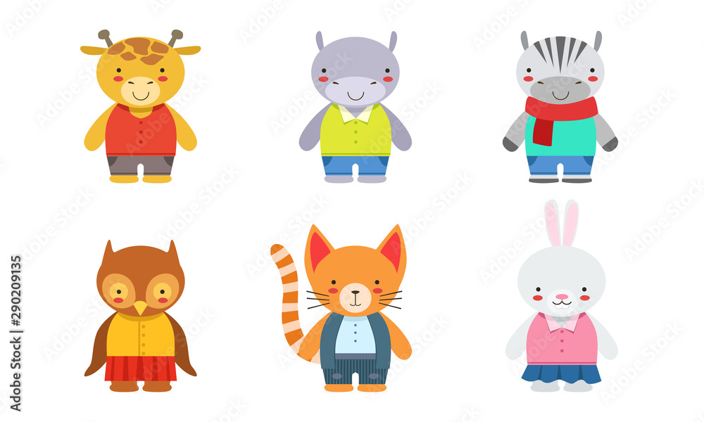 Cute Baby Animals Set, Giraffe, Hippo, Zebra, Owlet, Kitten, Bunny Vector Illustration Cute Baby Animals Set, Giraffe, Hippo, Zebra, Owlet, Kitten, Bunny Vector Illustration