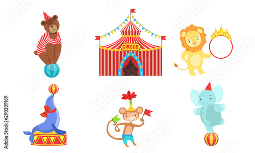 Circus Performers Characters Set, Marquee, Circus Animals, Lion, Bear, Monkey, Elephant Vector Illustration