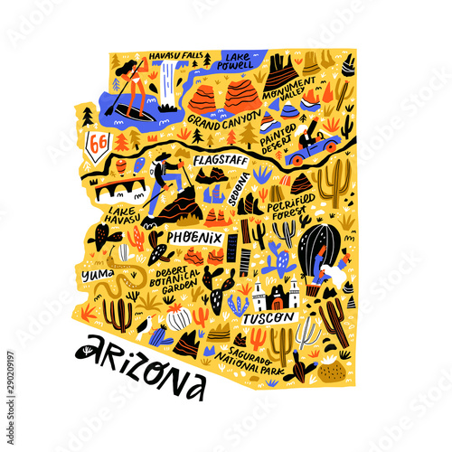 Arizona yellow map flat hand drawn vector illustration