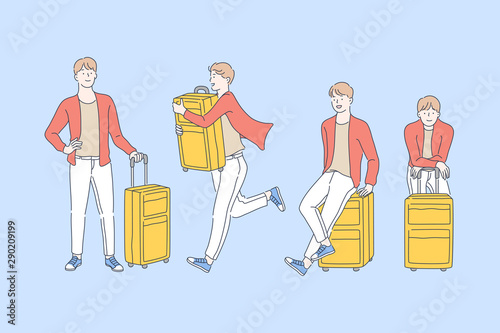 Travel, adventure, tourism concept. Happy student or teen goes on a weekend trip, young business man or guy with travel case. Simple flat vector.