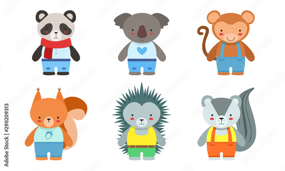 Fototapeta premium Cute Baby Animals Set, Panda, Koala, Monkey, Fox, Hedgehog, Badger Vector Illustration