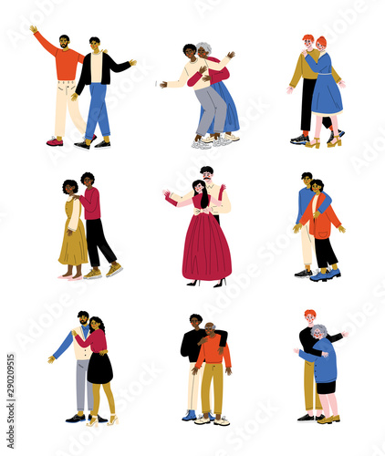 Parents and Adult Children Set, Mother and Father Hugging Their Sons and Daughters, Happy Family Concept Vector Illustration