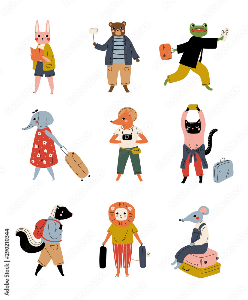 Obraz premium Collection of Cute Animals Tourists with Suitcases, Funny Humanized Animals Cartoon Characters with Luggage Going on Vacation Vector Illustration