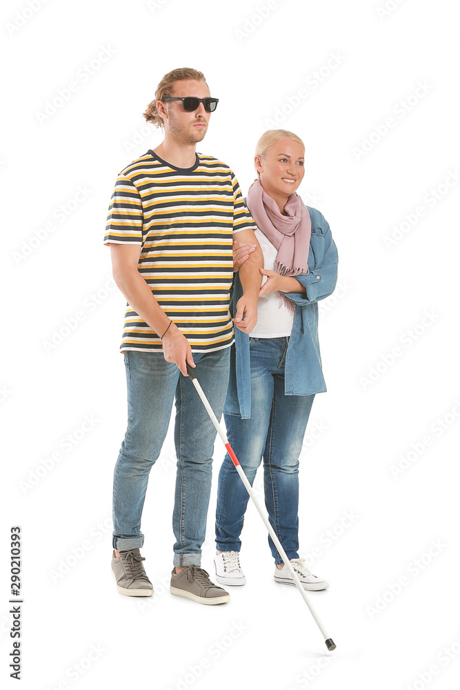 Blind young man with mother on white background Blind young man with mother on white background
