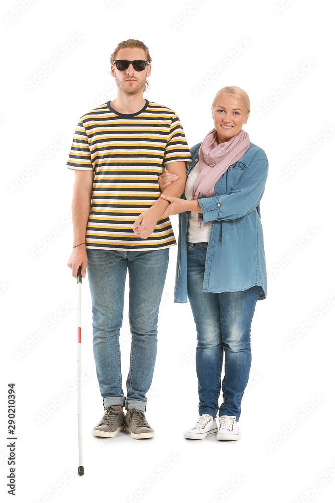 Blind young man with mother on white background Blind young man with mother on white background