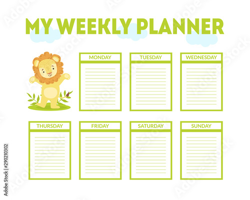My Weekly Planner Template, Cute Calendar, Diary, Organizer or Schedule with Place for Notes Vector Illustration