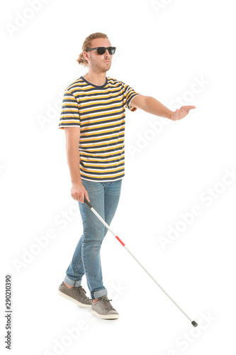 Blind young man on white background