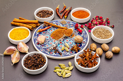 Ingredients for preparation oriental spice Ras el Hanout
