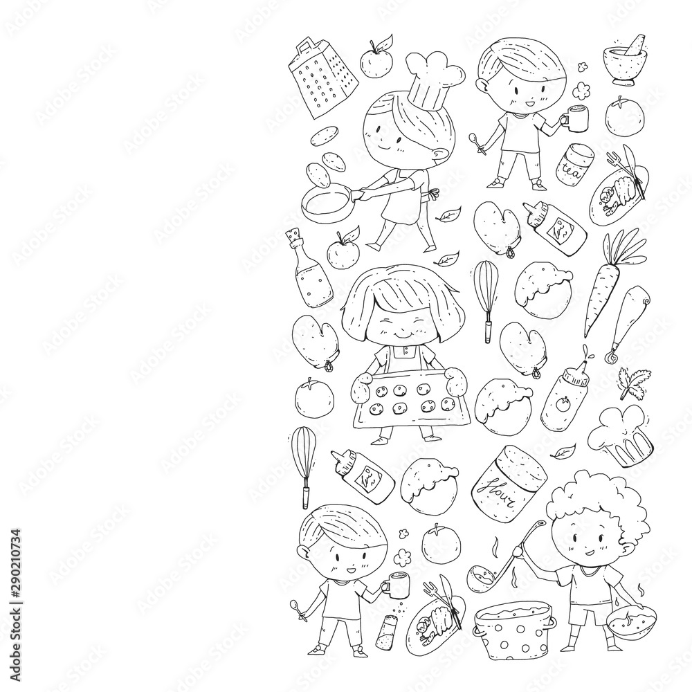 Healthy food and cooking. Fruits, vegetables, household. Doodle vector set.