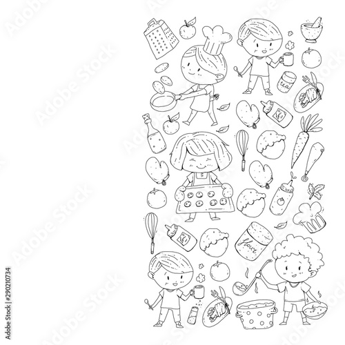Fototapeta Naklejka Na Ścianę i Meble -  Healthy food and cooking. Fruits, vegetables, household. Doodle vector set.